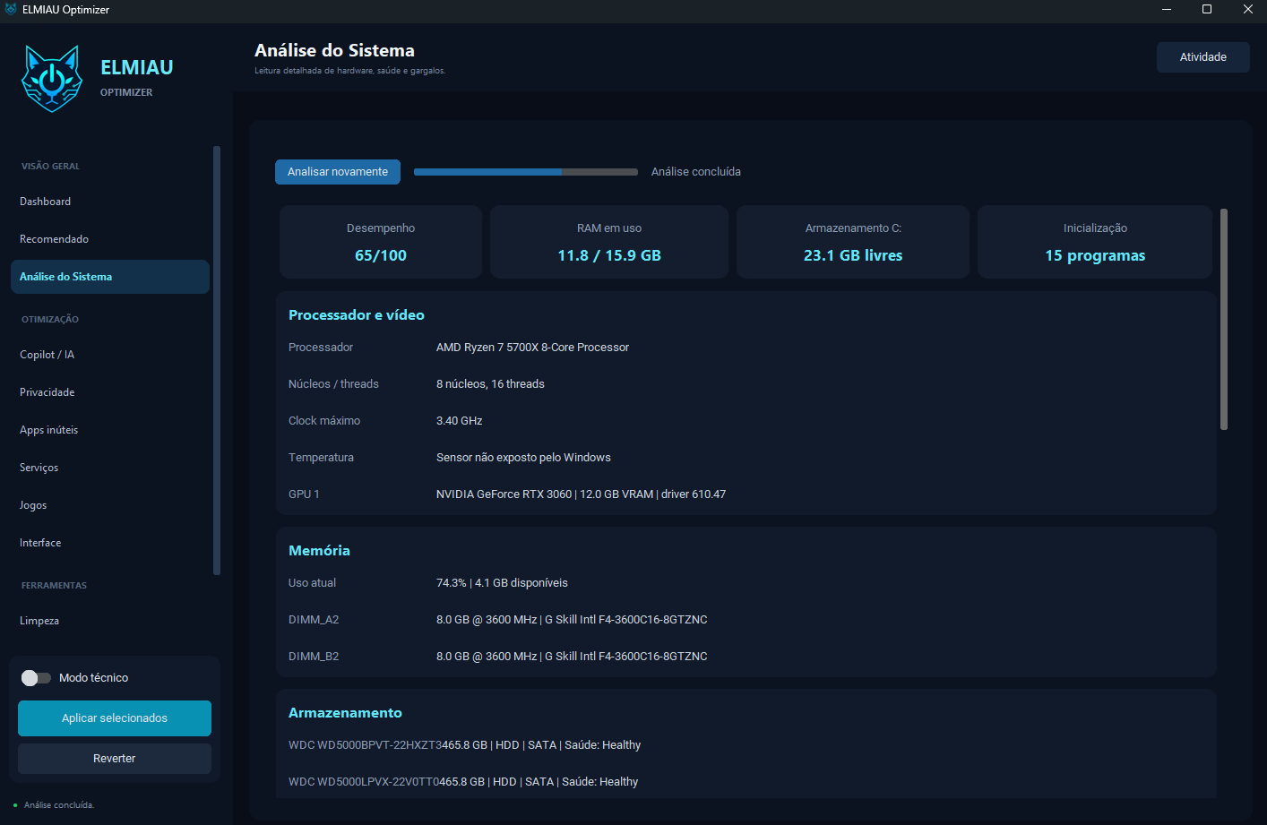 Análise de sistema do ELMIAU Optimizer
